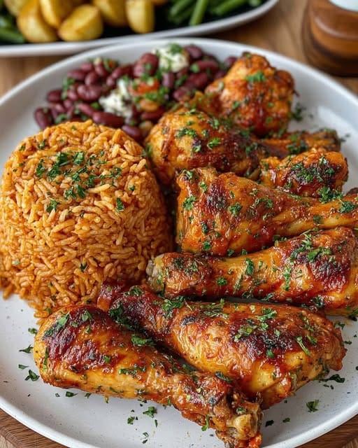 Golden Herb Roasted Chicken with Tomato Rice & Creamy Green Bean Salad