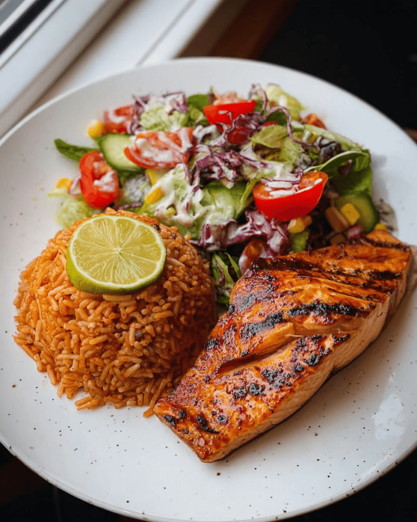 Grilled salmon with spiced tomato rice and fresh salad
